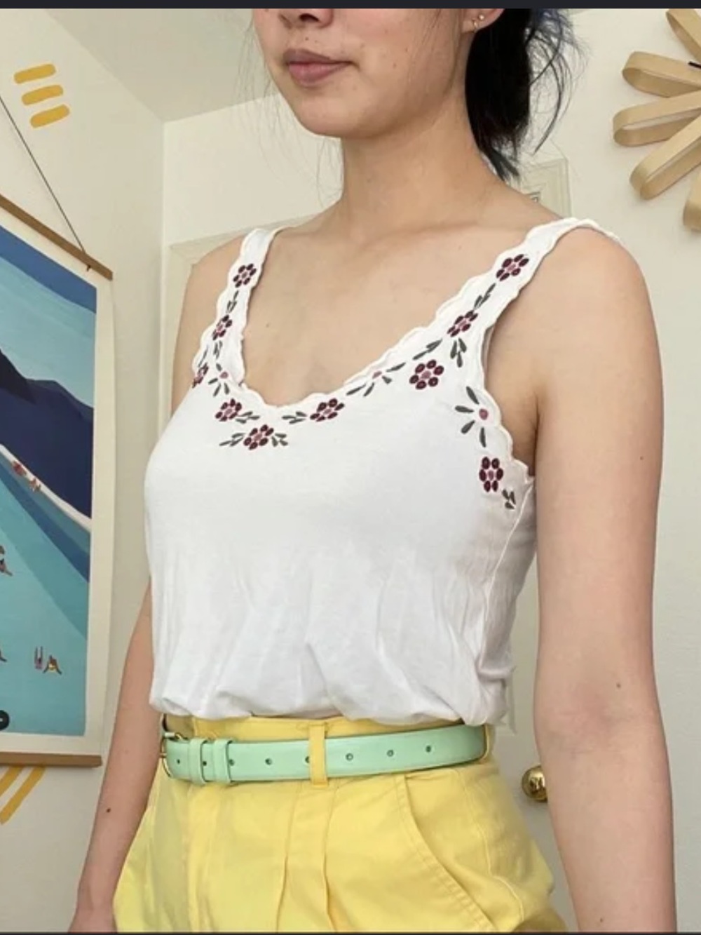 American Eagle Outfitters White Tank with Burgundy Floral Embroidery
